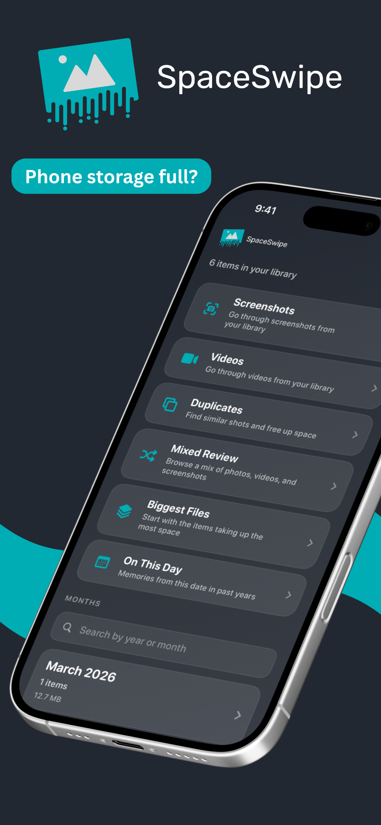 SpaceSwipe app showing Screenshots, Videos, Duplicates and more categories
